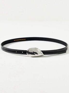 Anthropologie Black Leather Skinny Shell Hardware Belt Size Small 33”